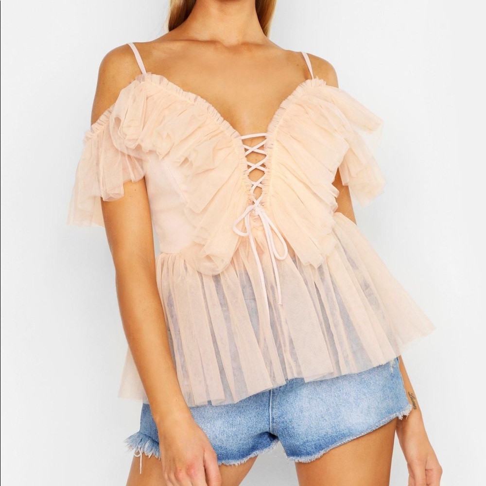Beige Organza Peplum Top
